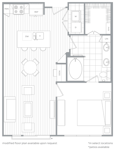 Floor plan for 1 bed, 1 bath, 782 sqft